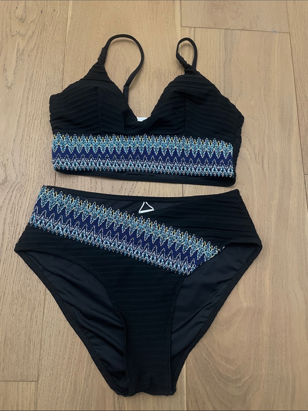 Black Two-Piece Bikini with Blue Zigzag Trim - Women's Swim